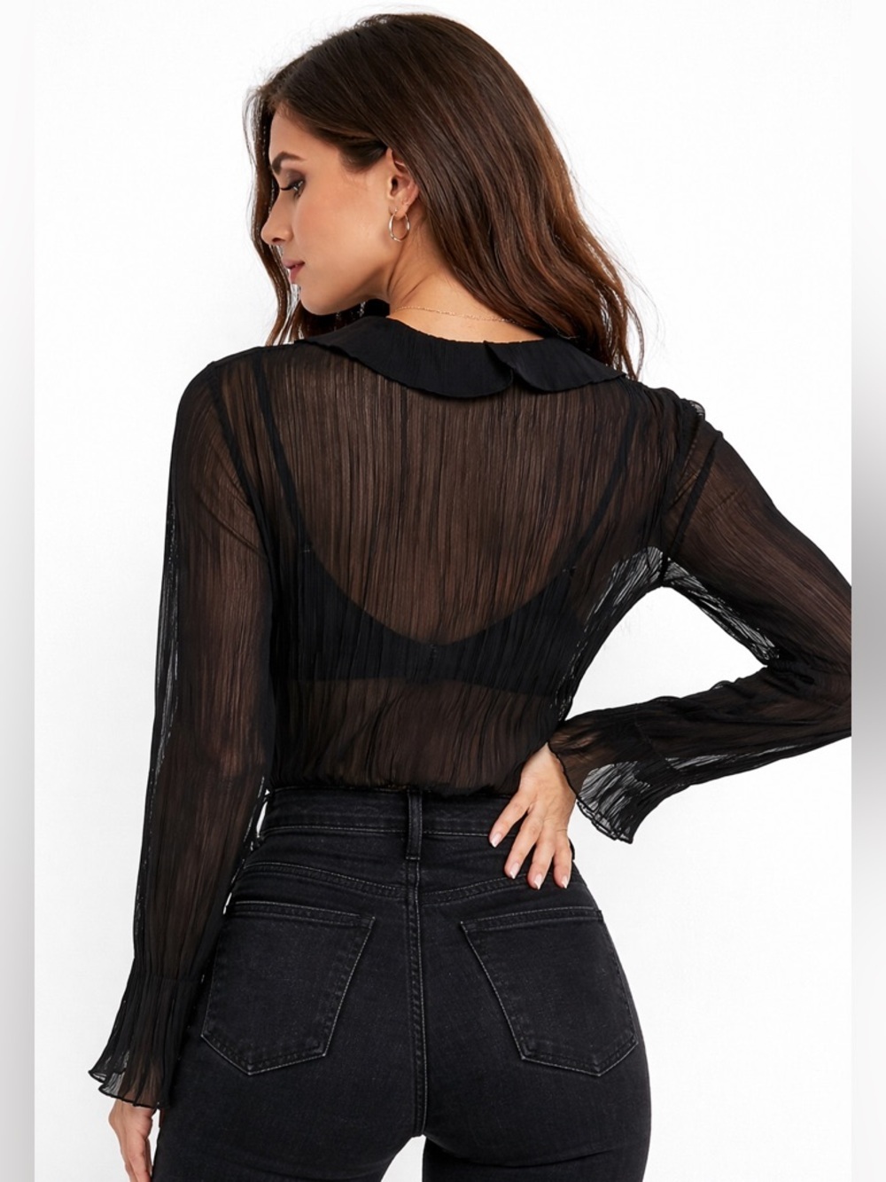 Scotch & Soda Black Sheer Pleated Ruffle Blouse Size S - Picture 2 of 4